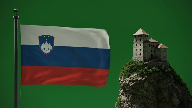 Digital image of waving flag and castle on mountain suitable for presentations or graphics