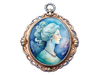 Watercolor Portrait of Elegant Woman in Antique Silver and Gold Pendant