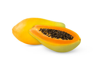 Sweet ripe papaya fruit and cut in half with seeds isolated. Retouched real photo, not AI.