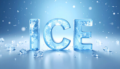 Frozen ice text concept – 3D word “ICE” sculpted from transparent ice blocks in blue snowy winter scene with falling snow and scattered ice cubes