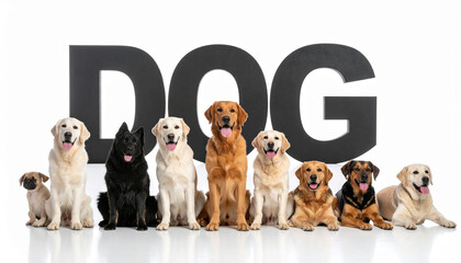 Group of obedient dogs of various breeds sitting and lying in front of large black letters spelling DOG on white studio background