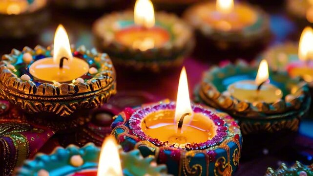 Close up diwali lamp with candle inside on festive dark background, indian goddess festival diwali and holi celebration concept