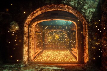 Underwater oven surrounded by magical fireflies illuminating the ancient walls in a mystical setting