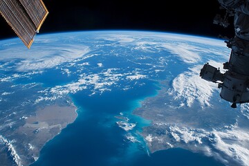 View of Earth from space captured during low-light conditions showcasing urban lights and natural atmosphere