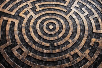 Intricate stone labyrinth nestled among greenery invites exploration and curiosity on a sunny day