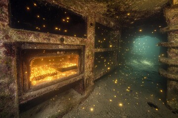 Underwater oven surrounded by magical fireflies illuminating the ancient walls in a mystical setting