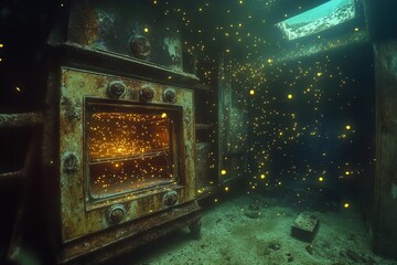 Underwater oven surrounded by magical fireflies illuminating the ancient walls in a mystical setting