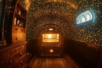 Underwater oven surrounded by magical fireflies illuminating the ancient walls in a mystical setting
