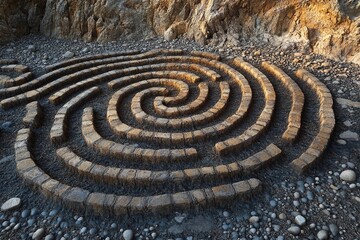 Intricate stone labyrinth nestled among greenery invites exploration and curiosity on a sunny day