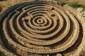 Intricate stone labyrinth nestled among greenery invites exploration and curiosity on a sunny day
