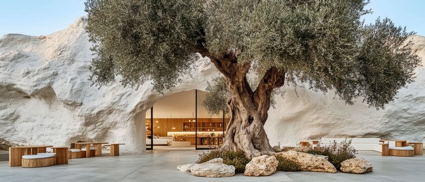 Ancient Olive Tree at the Entrance of a Cave-like Structure