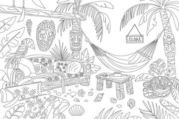 Tropical, Polynesian-themed, detailed coloring page.
