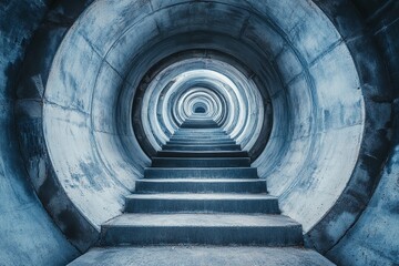 Steps lead into an endless circular tunnel creating a mysterious atmosphere with a sense of depth and intrigue