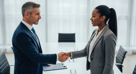 Business meeting handshake concept: diverse professionals shaking hands in modern office setting for partnership