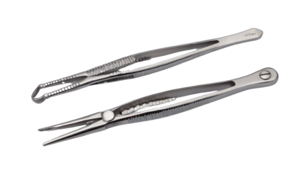 Stainless steel tweezers isolated on white background.