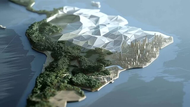 Low-poly 3D render of the Americas with stylized features_