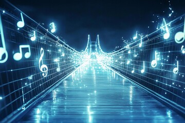 Musical bridge illuminated with shining notes creating a harmonious atmosphere at night