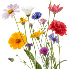 Colorful meadow and garden flowers isolated transparent background.