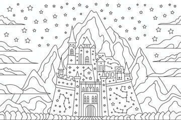 Fototapeta premium Majestic castle nestled in a mountain range, under a starry sky. 