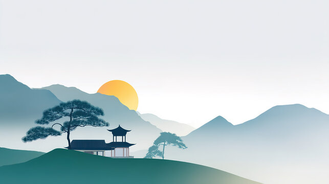Klein blue Chinese style landscape pavilion sunset scenery illustration