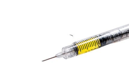 Syringe with yellow liquid, white isolated background