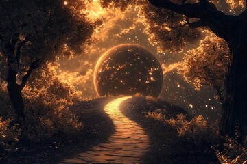 Magical road leads through a cosmic landscape toward distant planets in a starry night sky