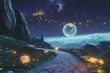 Magical road leads through a cosmic landscape toward distant planets in a starry night sky