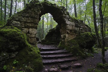 Majestic portal to another world glows amidst ethereal landscape with rolling clouds and sunlit greenery