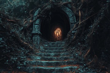 Majestic portal to another world glows amidst ethereal landscape with rolling clouds and sunlit greenery