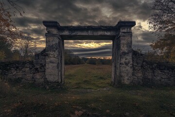 Majestic portal to another world glows amidst ethereal landscape with rolling clouds and sunlit greenery
