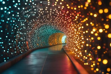 Colorful illuminated tunnel creates a stunning visual experience with shimmering lights in various hues