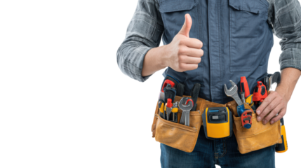 Technician showing thumbs up with tool belt full of equipment, isolated on white background.
