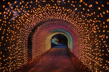 Colorful illuminated tunnel creates a stunning visual experience with shimmering lights in various hues