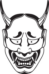 Japanese Oni Mask, Hannya Face, Samurai Demon, Horror Art, Asian Culture, Traditional Vector