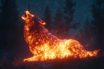Massive glowing wolf howling into the night under a starry sky, surrounded by trees and foliage