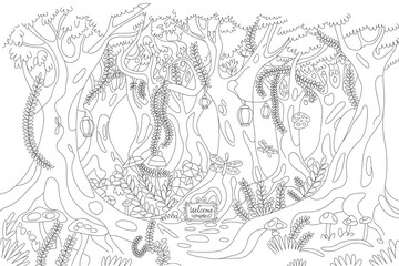 Obraz premium Intricate forest scene, detailed trees and vines. Dark, whimsical, detailed. 