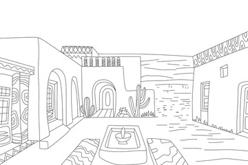 Fototapeta premium A courtyard scene, desert-style architecture, tranquil and detailed. 