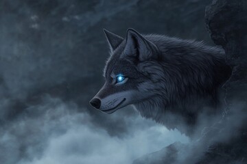 Wolf with radiant eyes reflects the power of the moon in a mystical forest setting under twilight sky