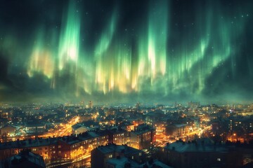 Aurora-like phenomenon illuminates city skyline with vibrant lights against a darkening twilight backdrop