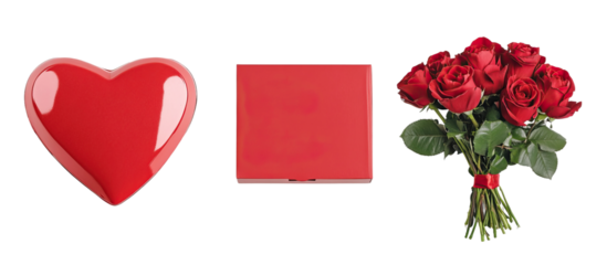 Romantic Valentine Day set with heart box, fresh roses on white