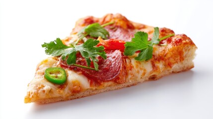 Single slice of pizza with toppings on white background