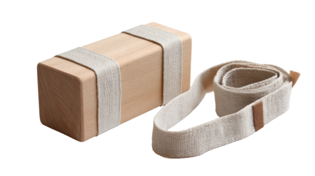 Yoga block and strap set on white isolated background for fitness and wellness activities.