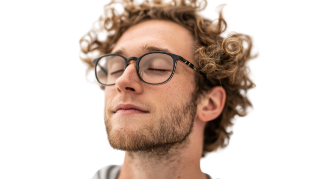 Young man with curly hair and glasses enjoying a moment of tranquility and serenity, white background.