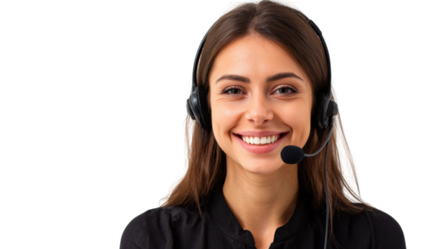 Young woman with headset, smiling confidently, isolated on white background.