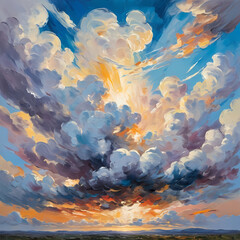 Massive clouds swirl above the landscape, catching the last rays of the sun. Vibrant oranges and deep blues blend seamlessly, crafting a captivating sunset that stirs the soul Generative AI