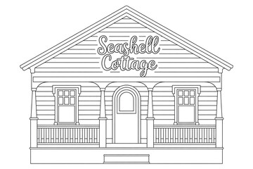 Simple, charming seaside cottage with "Seashell Cottage" sign.
