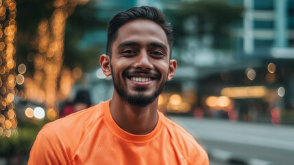 Smiling delivery professional in orange, exuding warmth and approachability, embodying reliable service with a personal touch.