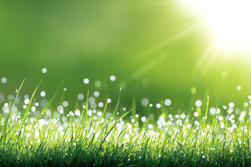 Close-up of dewdrops on the lawn under the summer sun, fresh wind illustration