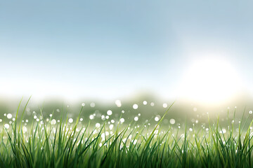 Close-up of dewdrops on the lawn under the summer sun, fresh wind illustration