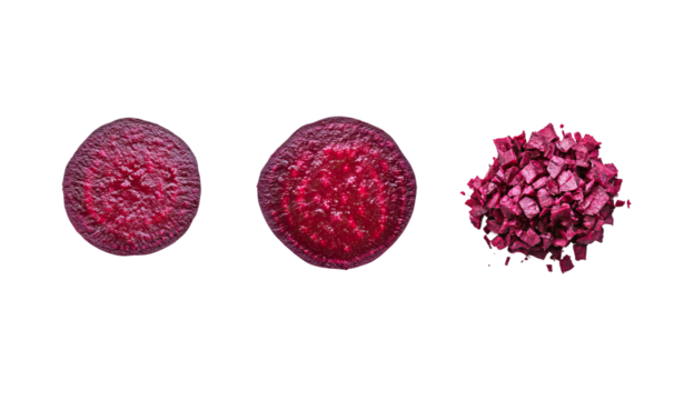 Set of beetroot presentations - halved and grated. Each element separately on a white background